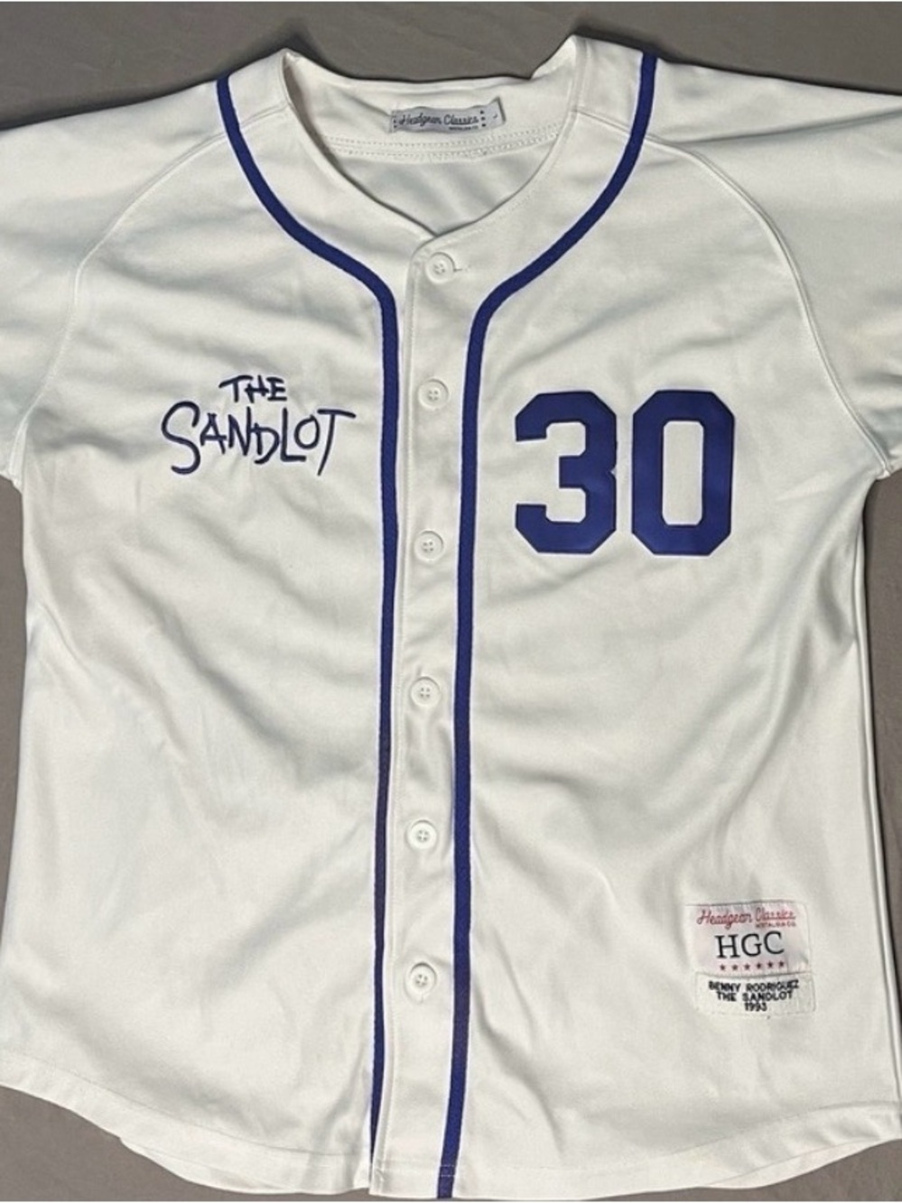 The Sandlot White Benny Rodriquez Jersey with Royal Blue Trim #30